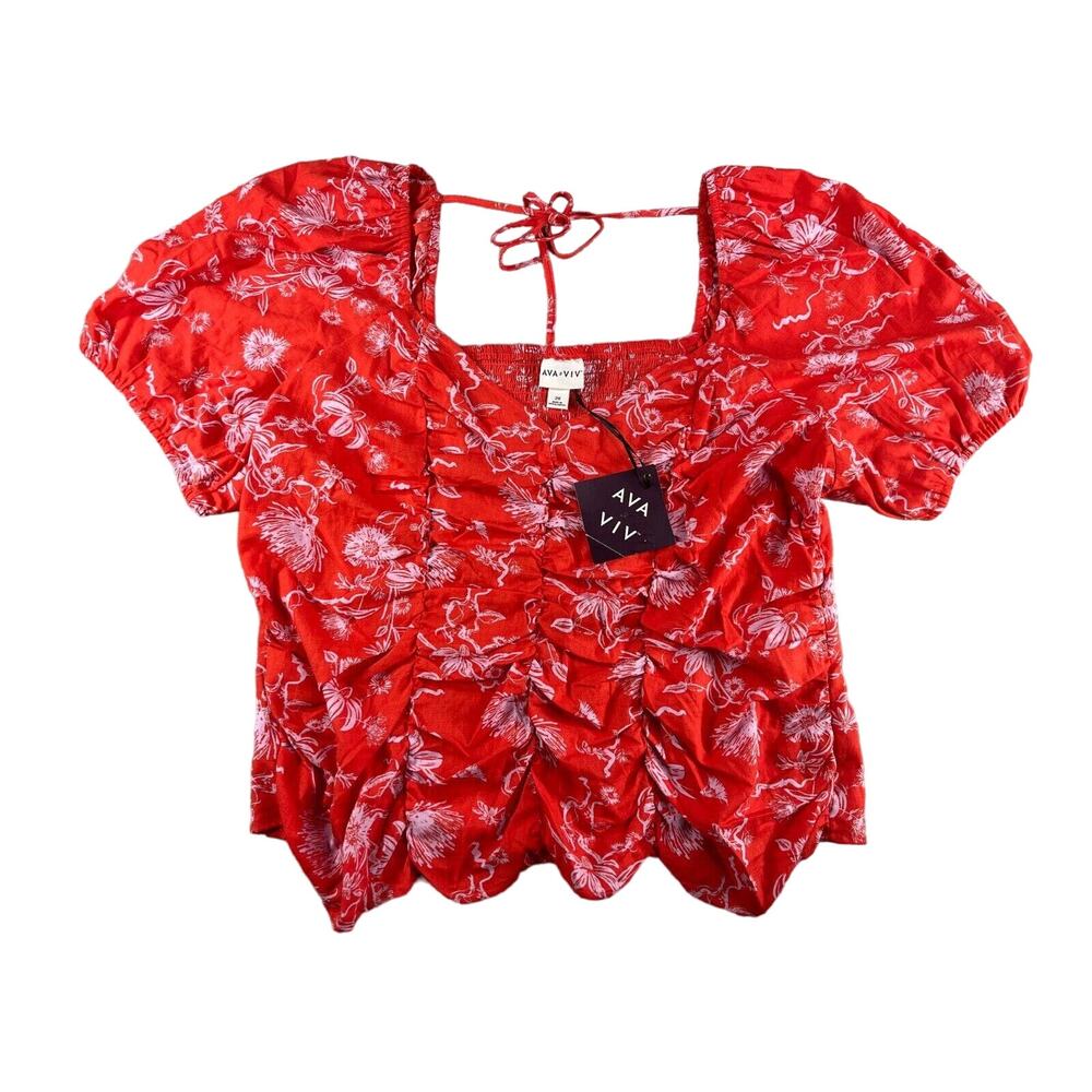 Ava & Viv Shirt Womens 2X Red Floral Square Neck Short Sleeve Plus Size NWT